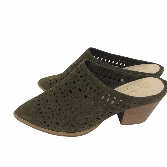 Seychelles Women's Green Suede Cutout Mules Heels - Picture 2 of 10